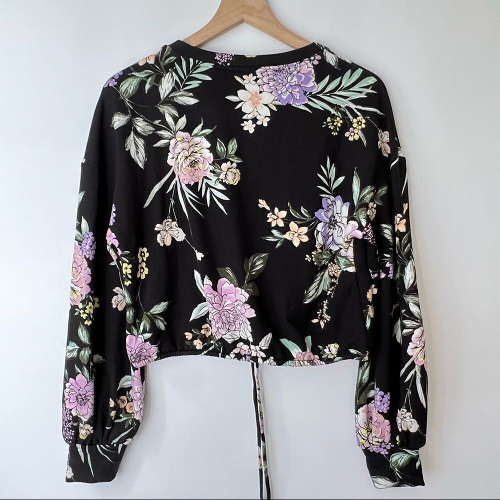 Love Fire Floral Crop Drawstring Cozy Sweatshirt Pullover Top S - Picture 4 of 4